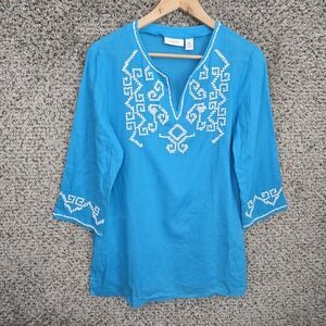 Chicos Top Womens 1 US Medium Blue Linen Blend Beaded V Neck Tunic Casual Ladies